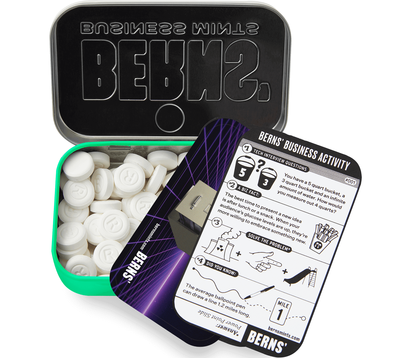 An open metal tin labeled BERNS contains white mints. The lid displays reversed text, and a card on top outlines a business activity game involving questions, clues, and problem-solving steps, featuring small illustrations.